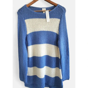 Chicos Sweater Women's 2 Blue White Stripe Harley Pullover Chunky Knit Mettalic